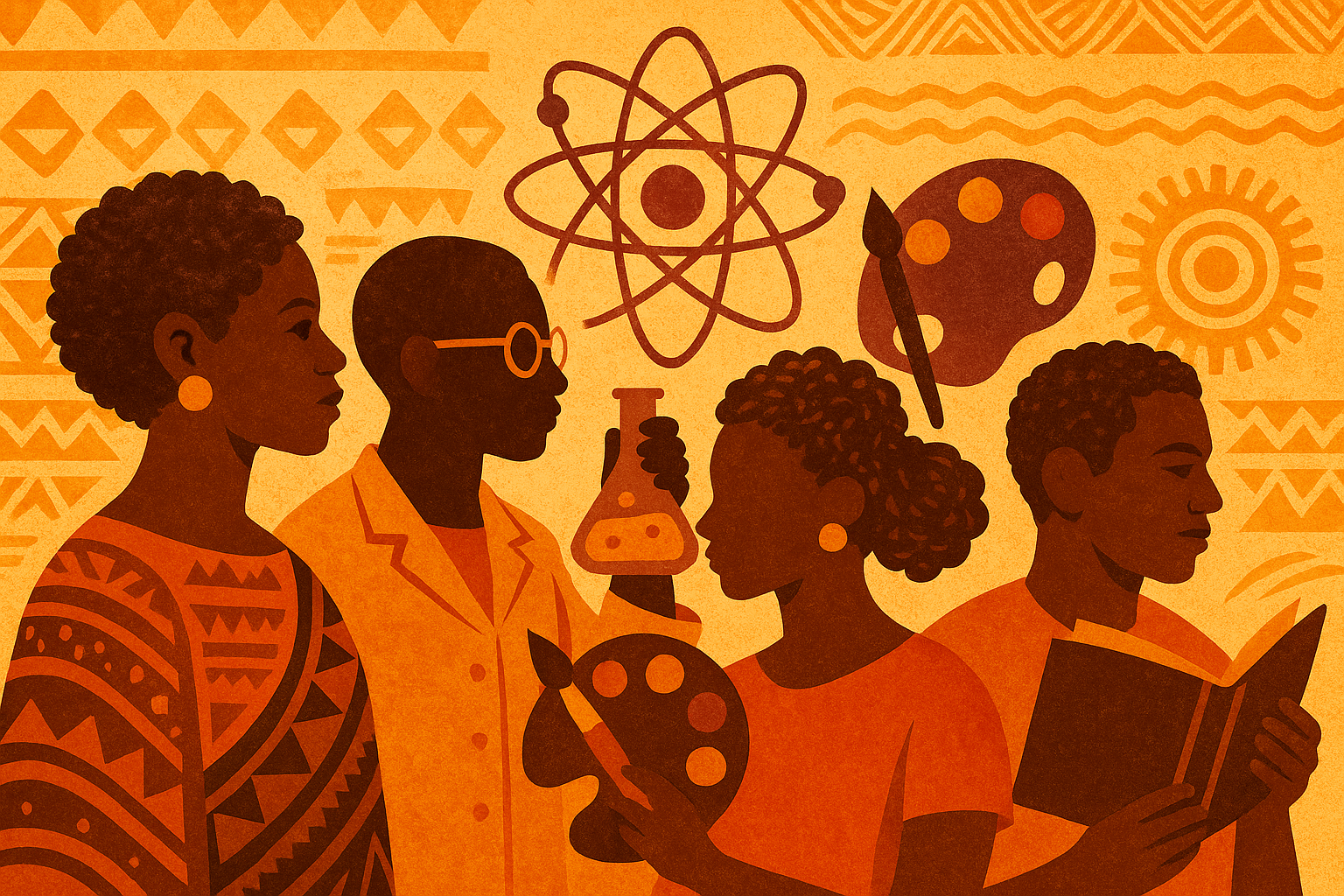 Ilustração das contribuições negras na ciência, arte e literatura